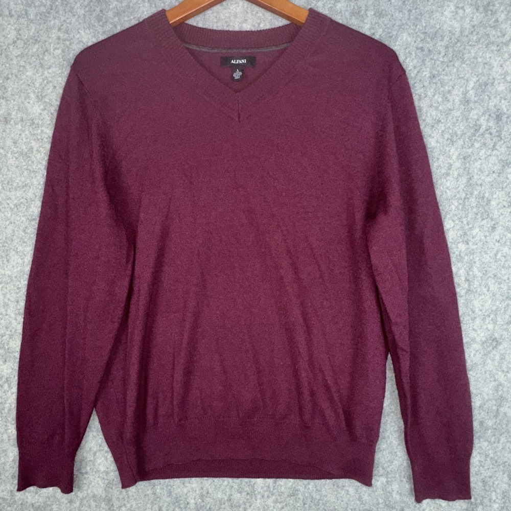 Alfani Sweater Mens L Maroon Soft Extra Fine Merino Wool Blend Pullover V Neck